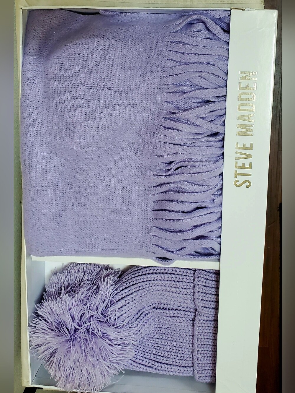 Steve Madden Lavender Knit Hat & Fringe Scarf Set
